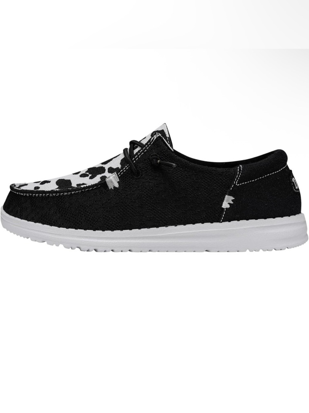 Hey Dude Women's Black and White Slip-On Shoe with Cow Print Accent